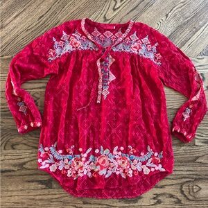 Johnny Was Long Sleeve Tunic Lightweight Red Embroidered Large V Neck Floral